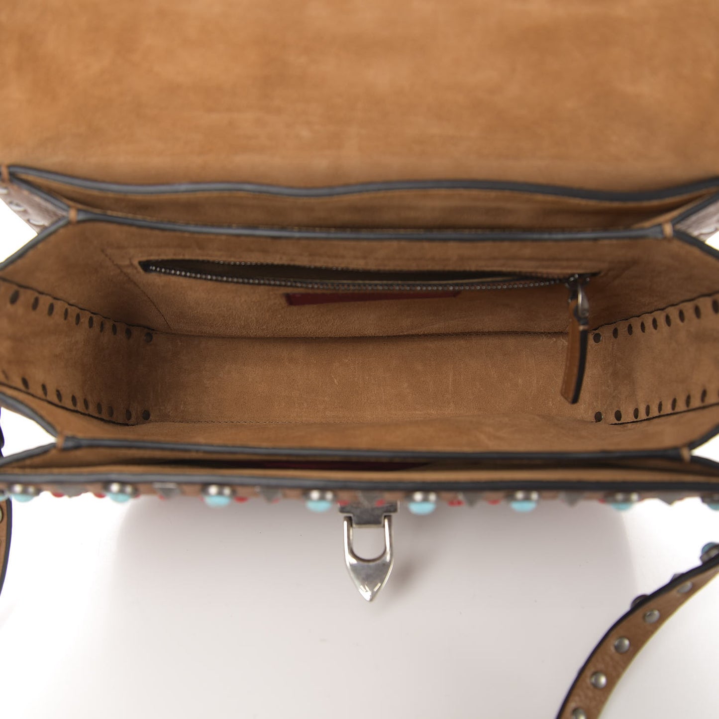 Calfskin Embroidered Medium Guitar Strap Rockstud Rolling Flap Saddle Bag Light Cuir
