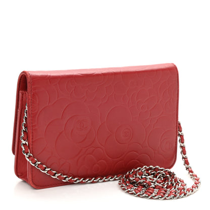Chanel Lambskin Camellia Embossed Wallet On Chain WOC Red 3 of 13
