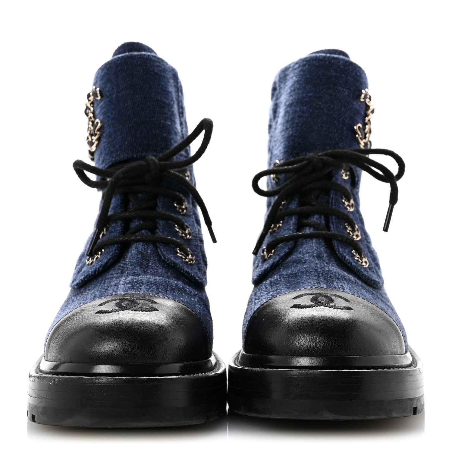 Chanel Shiny Calfskin Velvet Quilted Lace Up Combat Boots 39 Blue 3 of 10