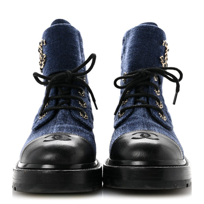 Chanel Shiny Calfskin Velvet Quilted Lace Up Combat Boots 39 Blue 3 of 10