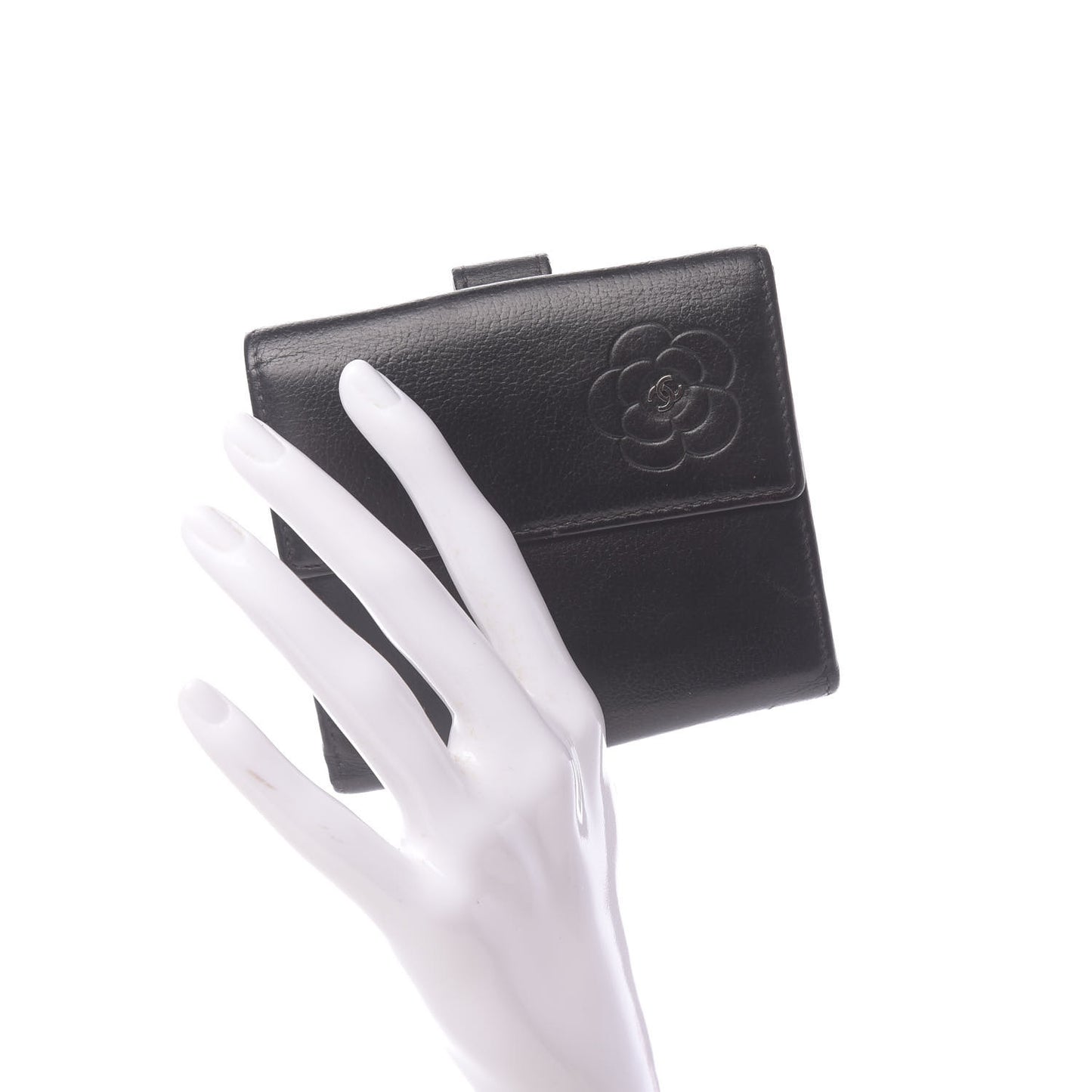 Glazed Goatskin Camellia Embossed French Flap Wallet Black