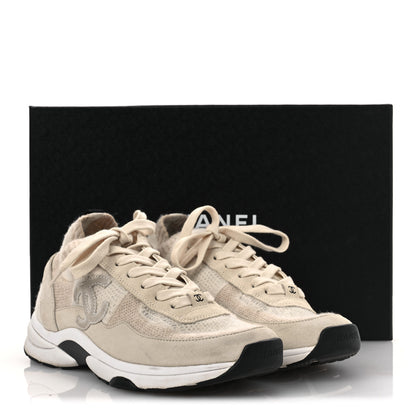 Chanel Knit Fabric Suede Calfskin Womens CC Sneakers 38.5 Ivory 13 of 13