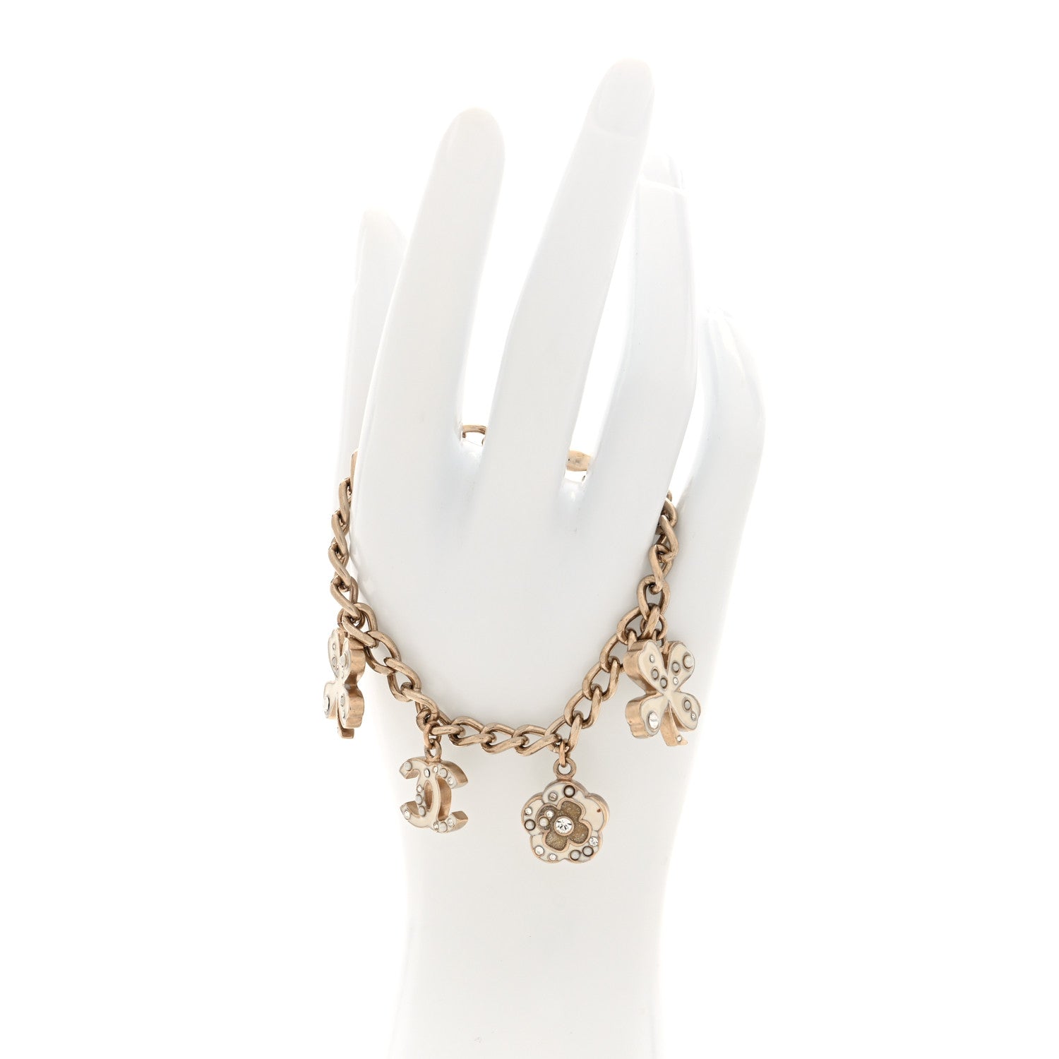 Chanel Enamel Crystal Pearl CC Lucky Charms Bracelet Gold White 2 of 5