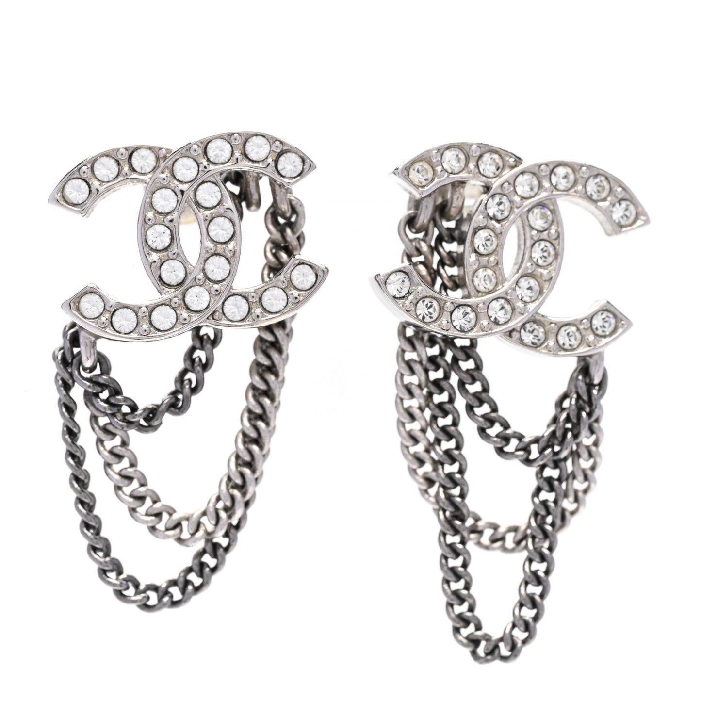 Crystal Chain CC Earrings Silver