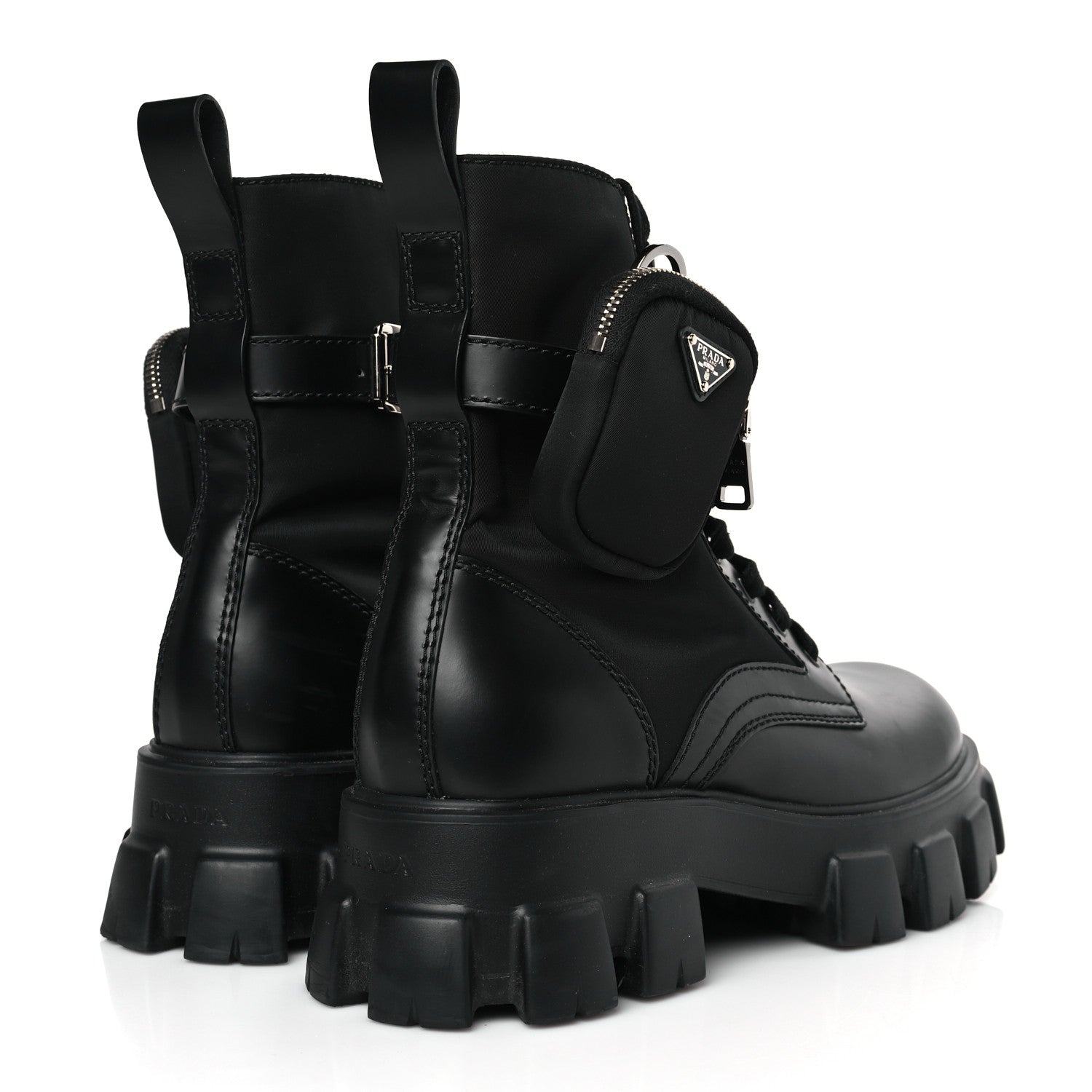 Prada Spazzolato Rois Re-Nylon Metal Triangle Logo Mens Monolith Pouch Pocket 60mm Combat Boots 9.5 Black 4 of 9
