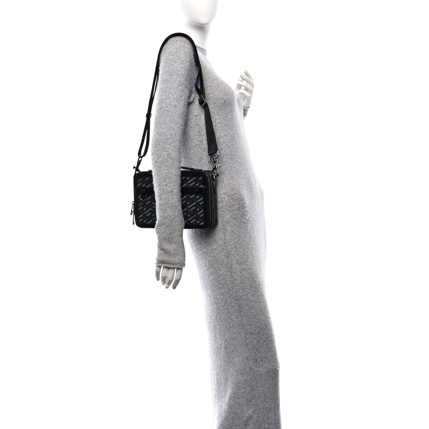 Coated Canvas La Greca Signature Messenger Bag Black Gray