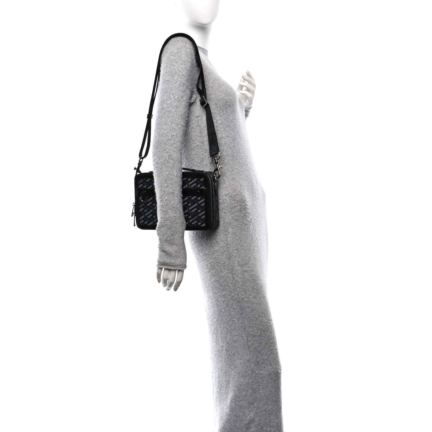 Versace Coated Canvas La Greca Signature Messenger Bag Black Gray 2 of 11