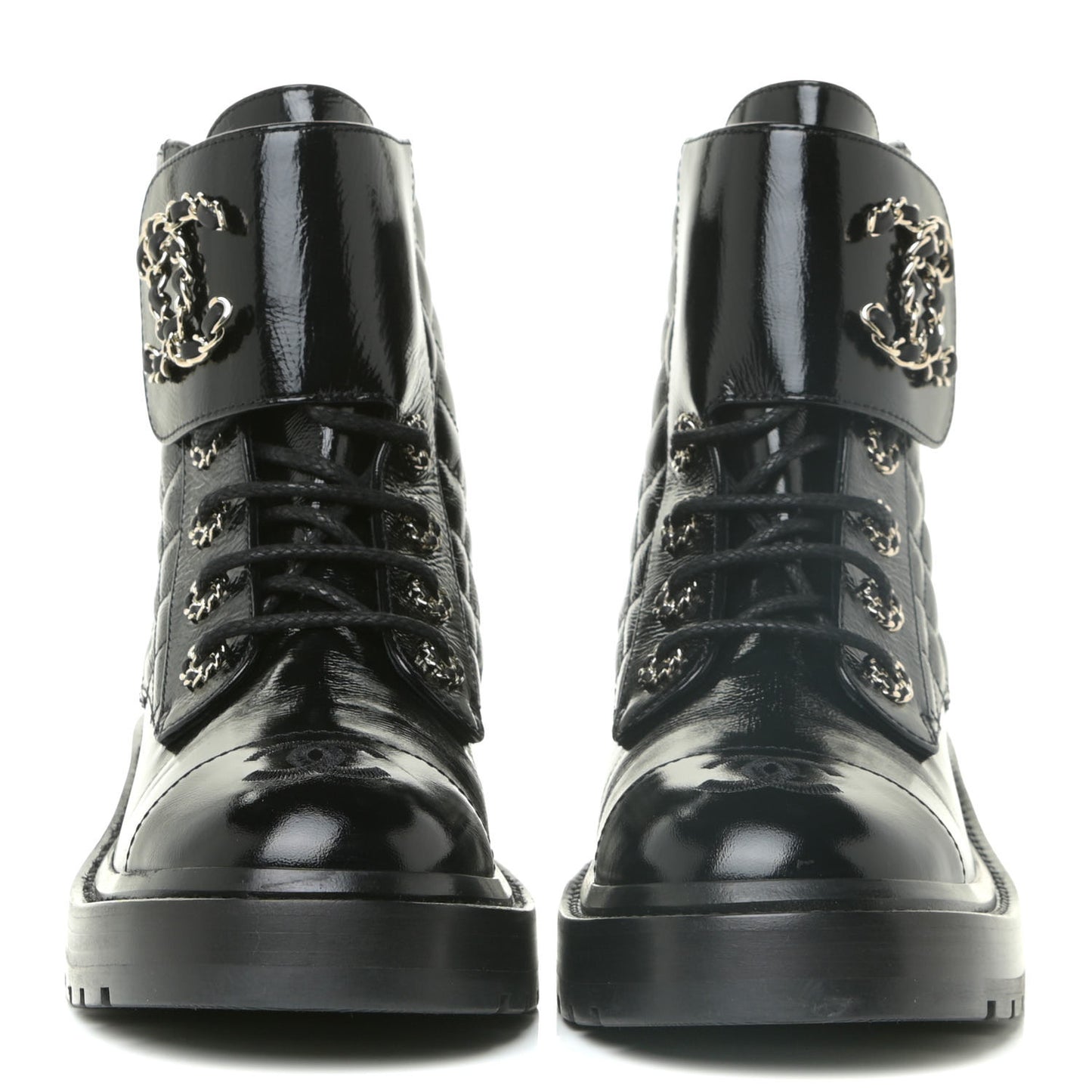 Shiny Calfskin Quilted Lace Up Combat Boots 37 Black