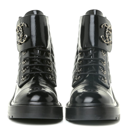 Chanel Shiny Calfskin Quilted Lace Up Combat Boots 37 Black 2 of 16