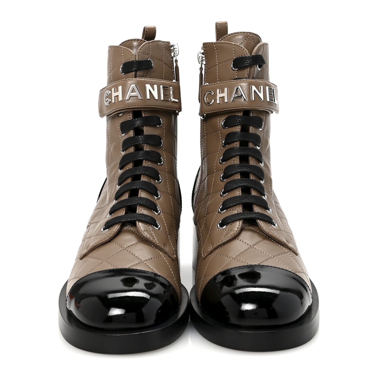 Lambskin Patent Calfskin Quilted Logo Lace Up Combat Boots 40.5 Light Gray Black