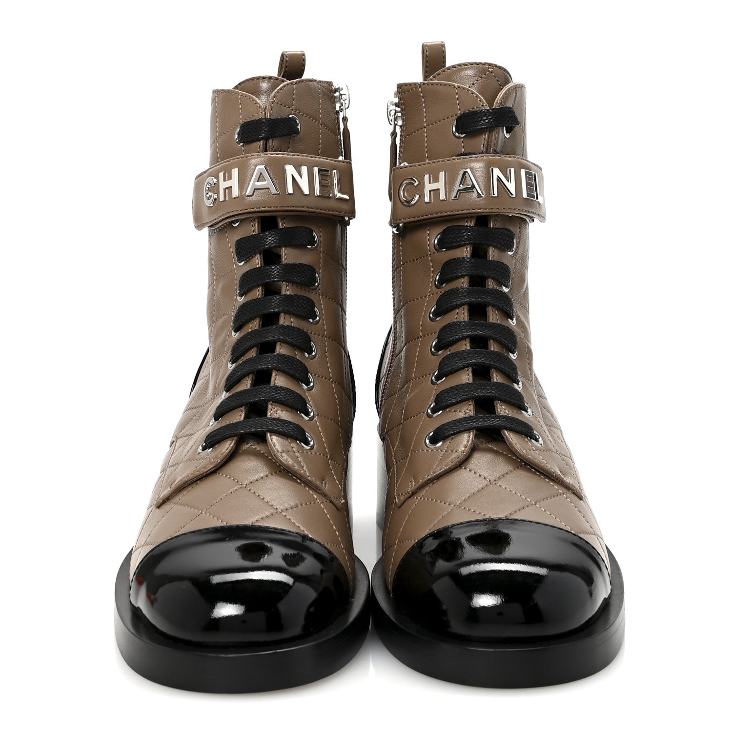 Chanel Lambskin Patent Calfskin Quilted Logo Lace Up Combat Boots 40.5 Light Gray Black 3 of 10