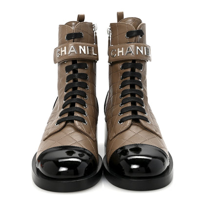 Chanel Lambskin Patent Calfskin Quilted Logo Lace Up Combat Boots 40.5 Light Gray Black 3 of 10