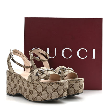 Gucci Monogram Nappa Chalotte Horsebit Ankle Strap 75mm Flatform Sandals 37.5 Beige Ebony 8 of 8