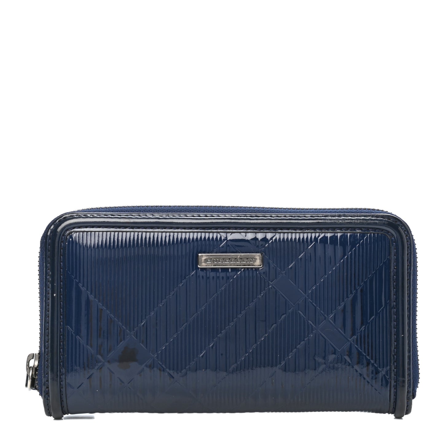 Patent Check Embossed Large Zip Around Wallet Blue