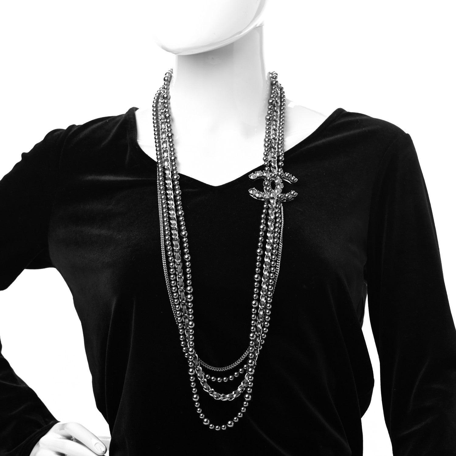 Chanel Crystal Pearl Lambskin CC Multi Strand Necklace Grey Silver 2 of 6