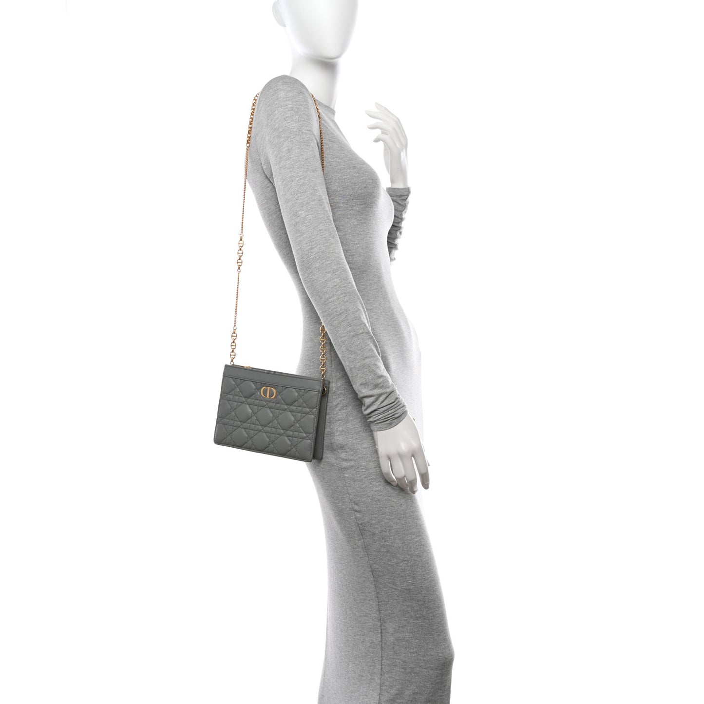Calfskin Cannage Caro Zipped Pouch With Chain Grey