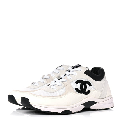 Chanel Mesh Suede Calfskin Grained Calfskin Womens CC Sneakers 39.5 White Black 3 of 11