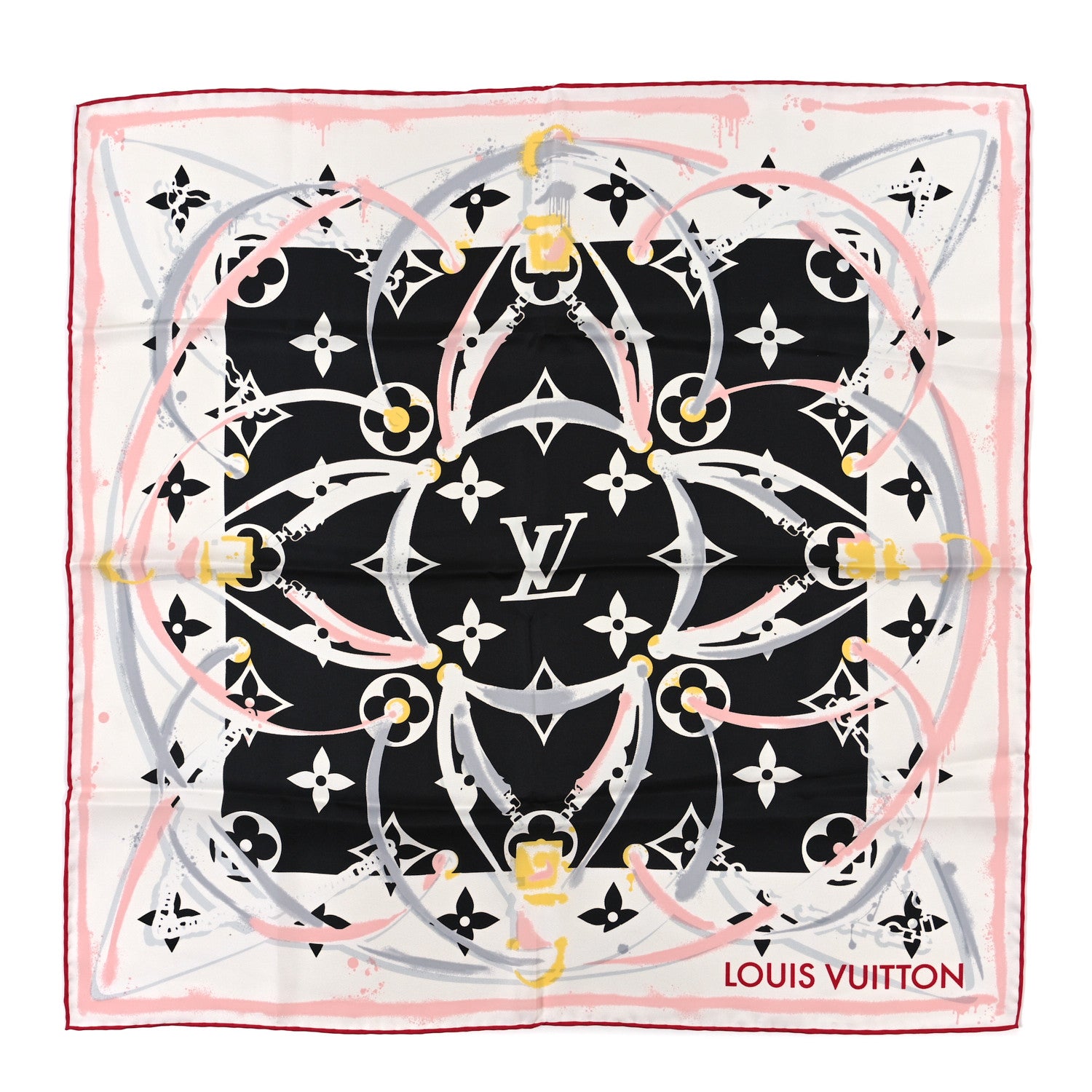 Louis Vuitton Silk Monogram Square Scarf Black Pink 1 of 3