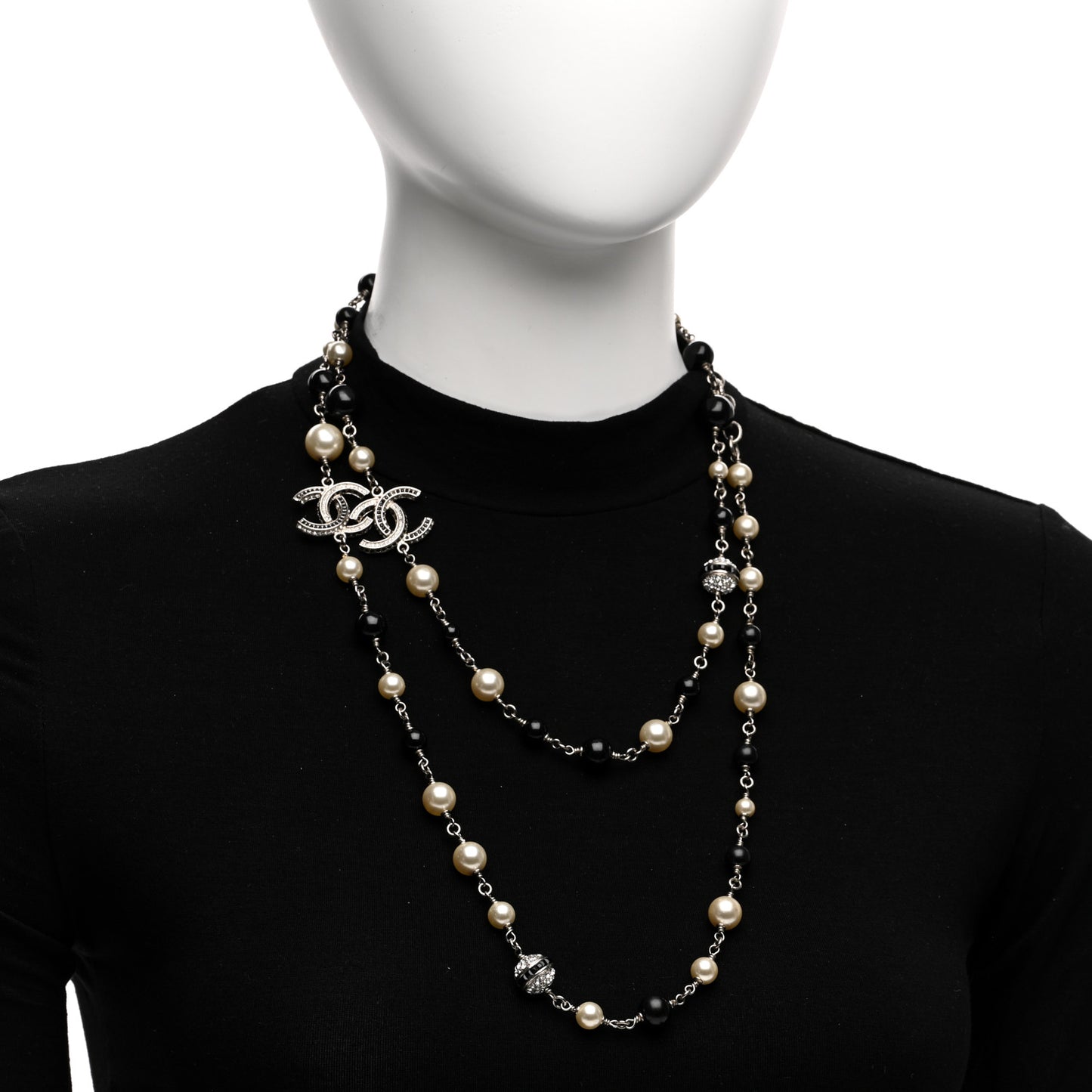 Pearl Crystal Bead CC Long Necklace Silver Black