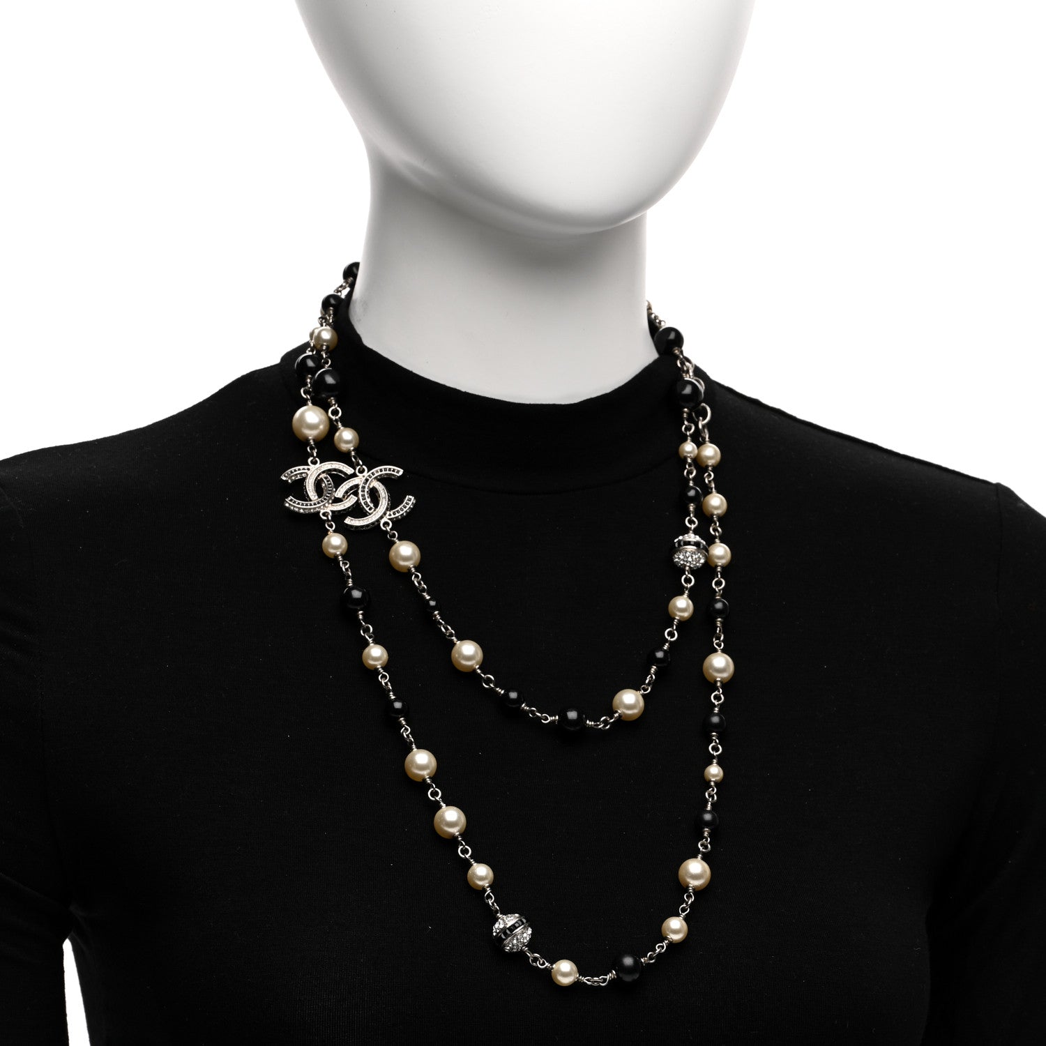 Chanel Pearl Crystal Bead CC Long Necklace Silver Black 2 of 5