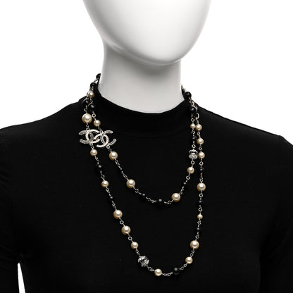 Chanel Pearl Crystal Bead CC Long Necklace Silver Black 2 of 5