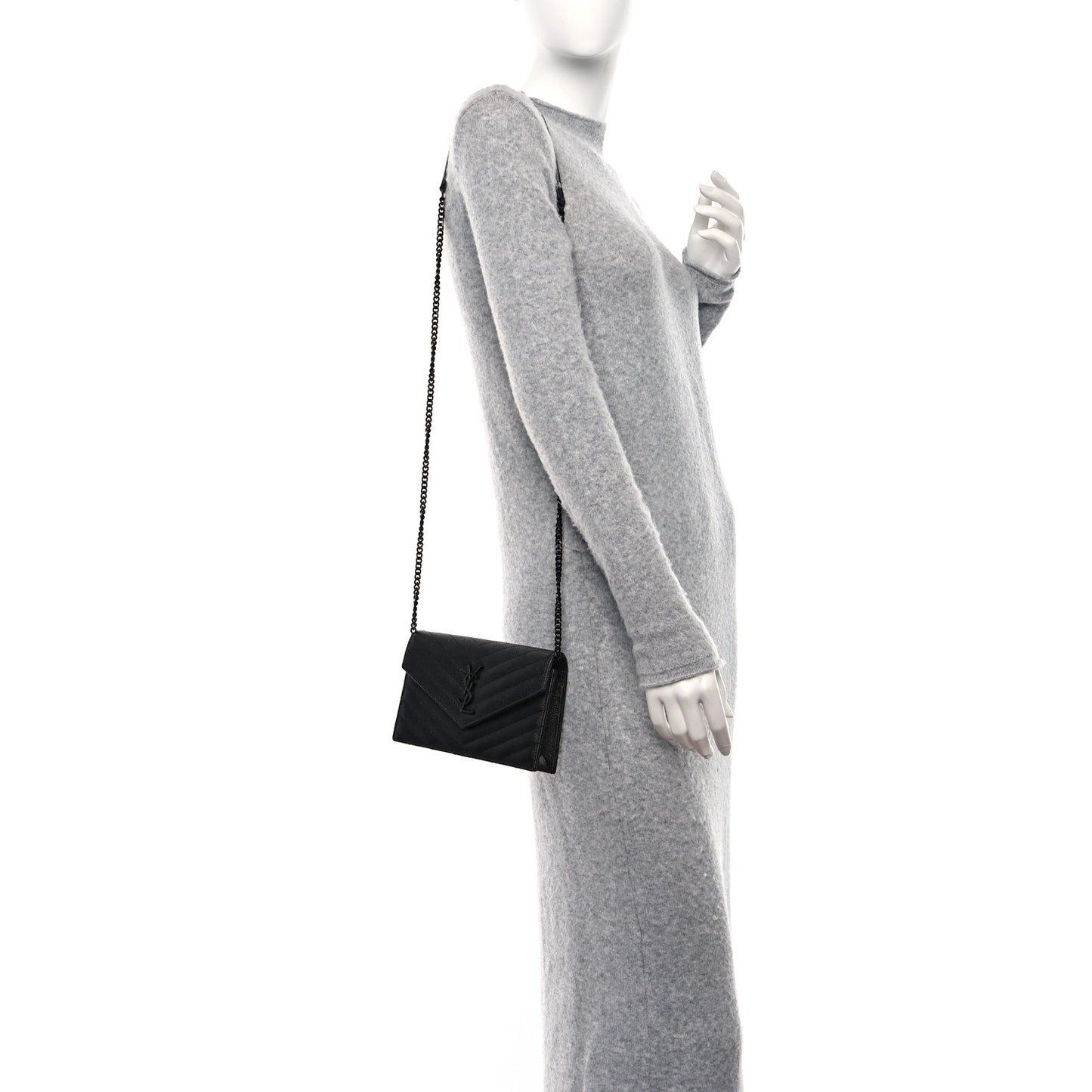 Grain De Poudre Matelasse Chevron Monogram Monochrome Envelope Chain Wallet Black