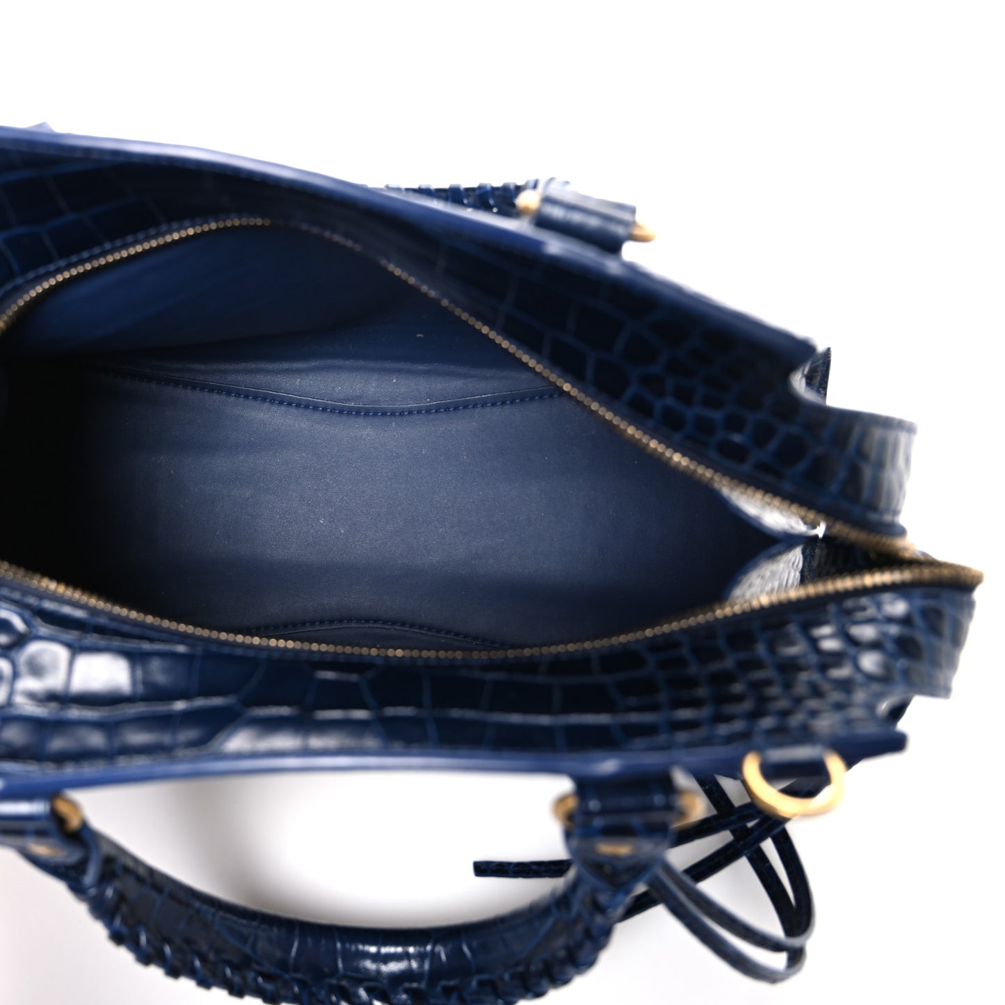 Shiny Supple Calfskin Crocodile Embossed Neo Classic Gold Hardware S City Navy
