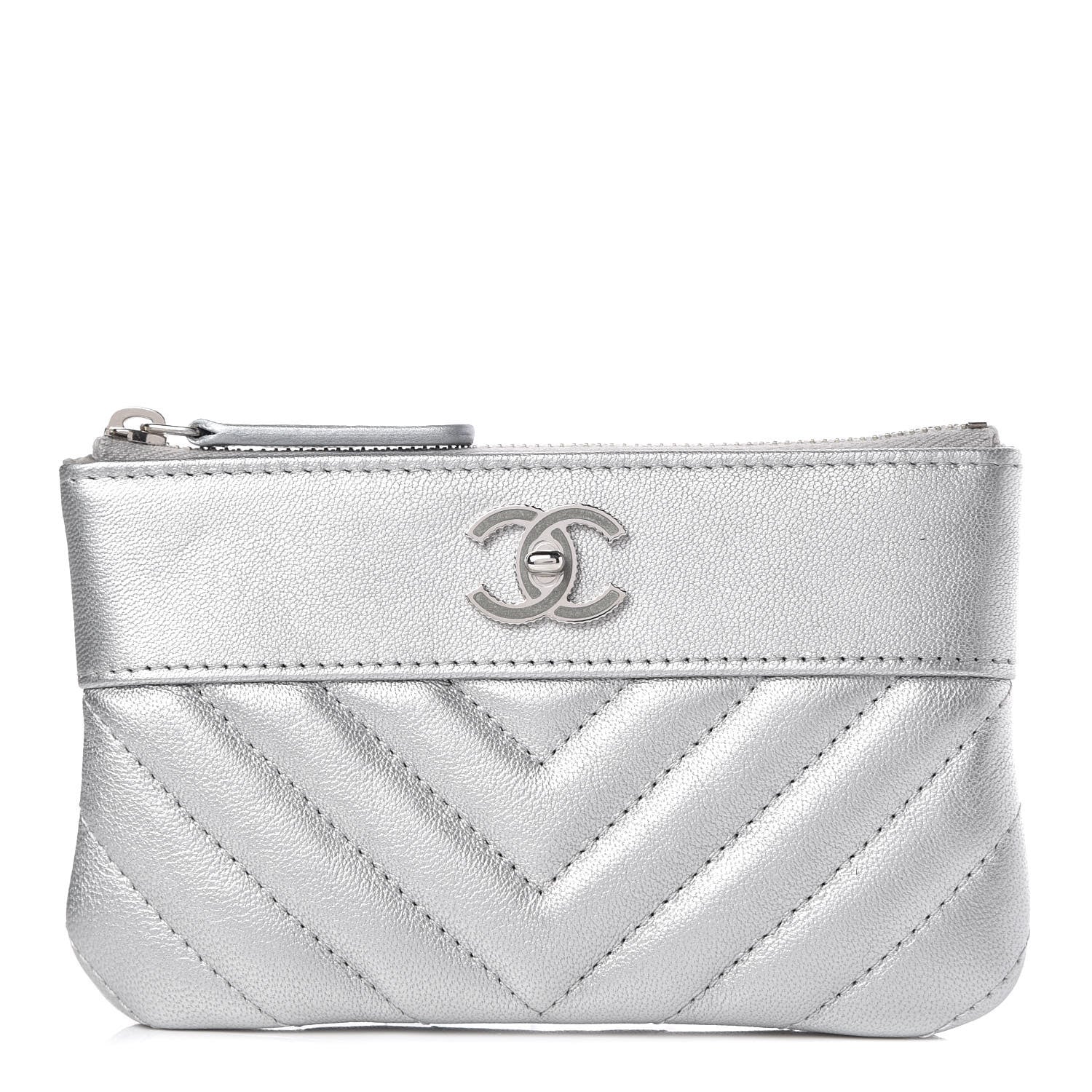 Chanel Metallic Sheepskin Chevron Quilted Small Vintage Mademoiselle Cosmetic Case Silver 1 of 10
