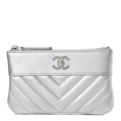 Chanel Metallic Sheepskin Chevron Quilted Small Vintage Mademoiselle Cosmetic Case Silver 1 of 10