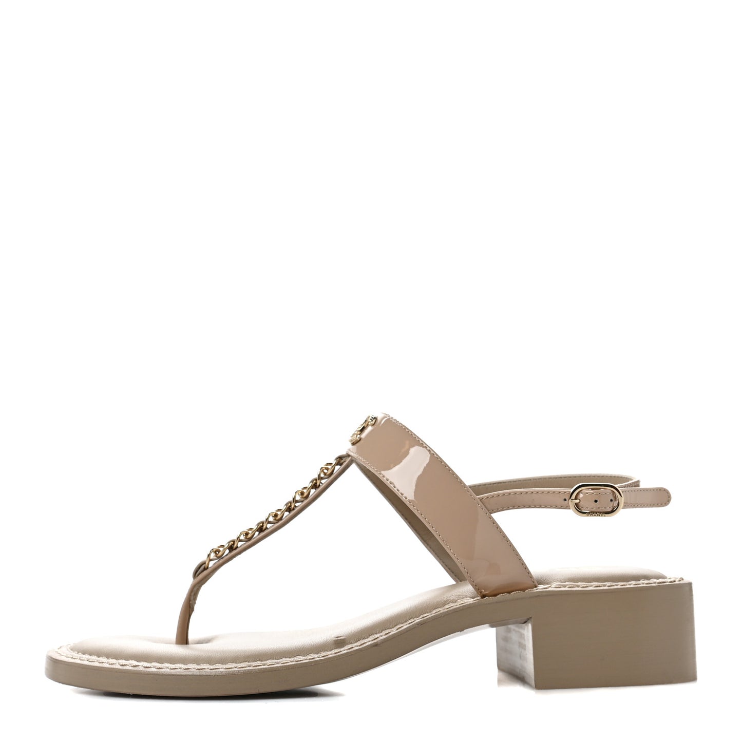 Lambskin Patent Chain CC Logo Thong Sandals 38 Beige