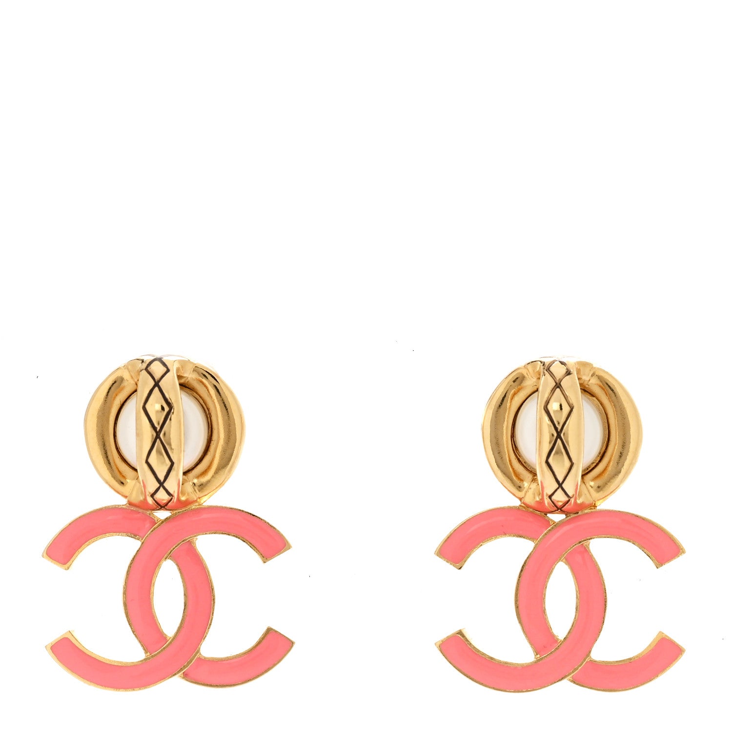 Chanel Metal Enamel Pearl CC Drop Earrings Gold Pink 1 of 5