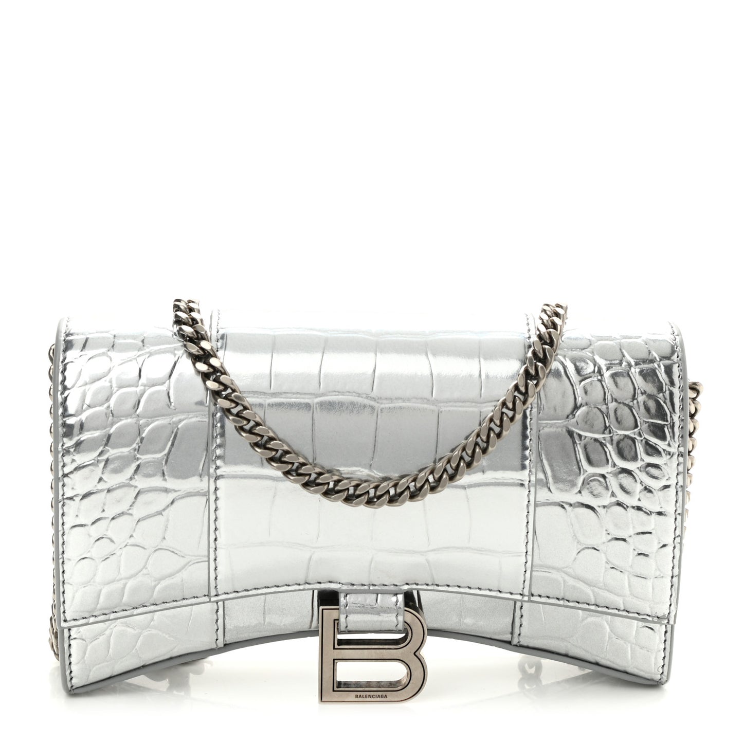 Metallic Calfskin Crocodile Embossed Hourglass Chain Bag Silver