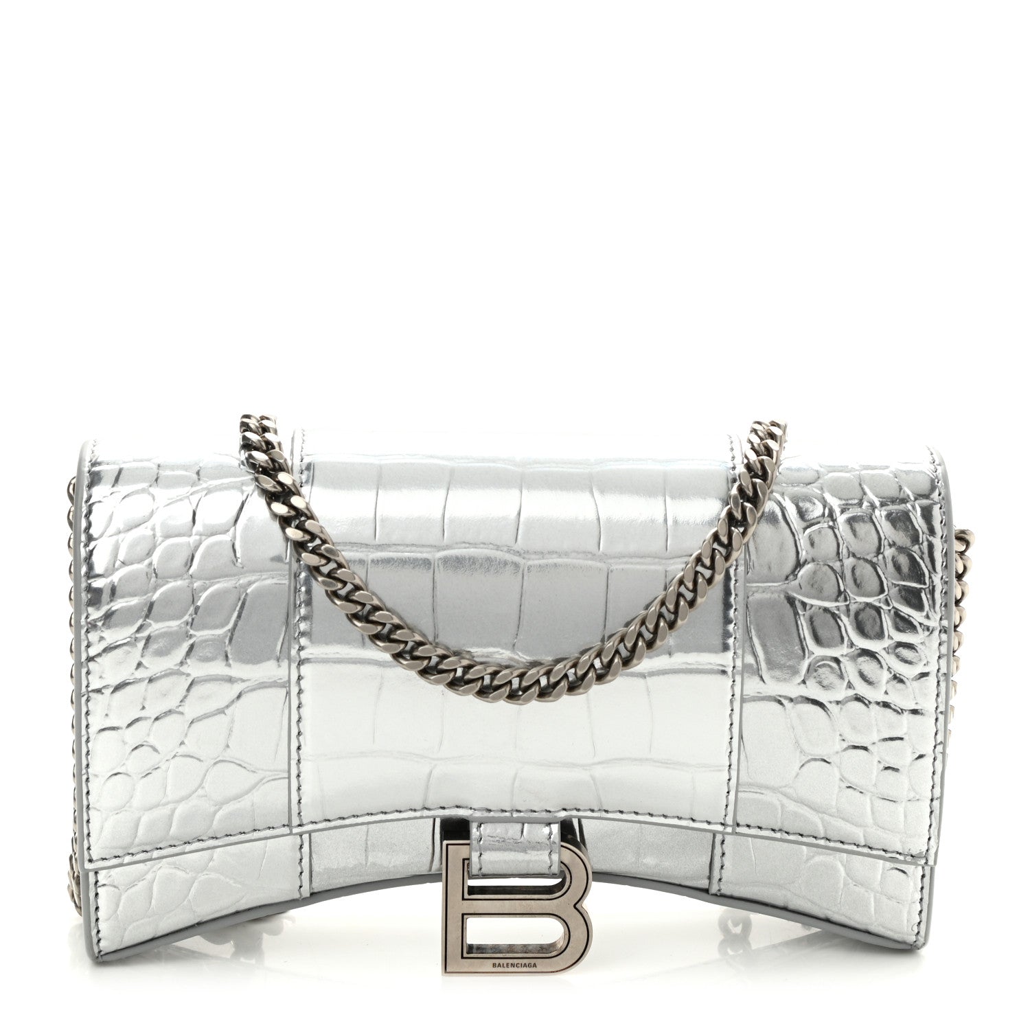 Balenciaga Metallic Calfskin Crocodile Embossed Hourglass Chain Bag Silver 1 of 9