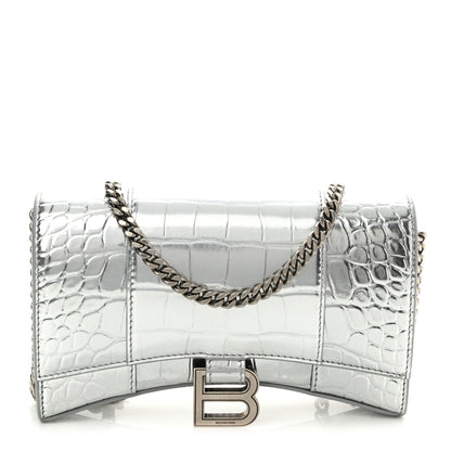 Balenciaga Metallic Calfskin Crocodile Embossed Hourglass Chain Bag Silver 1 of 9