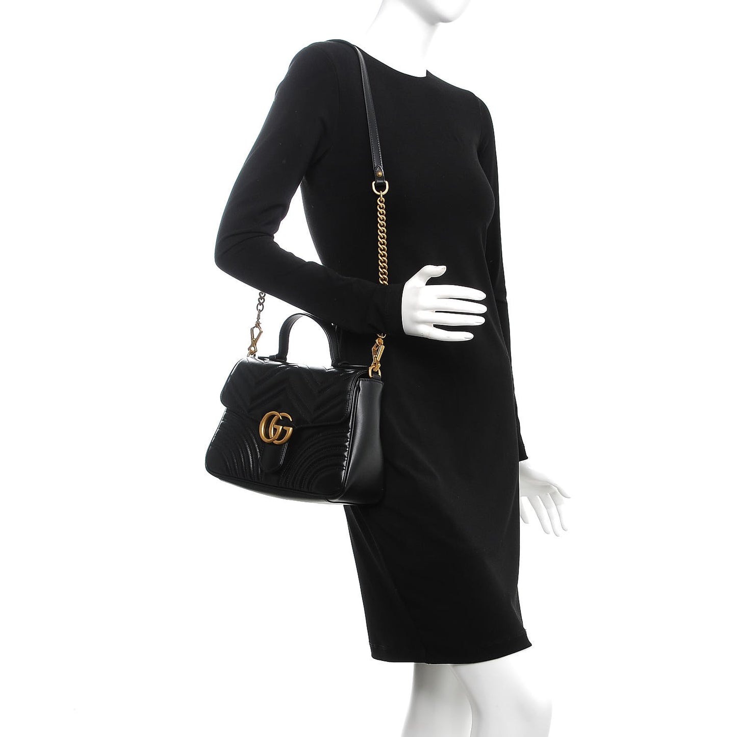 Calfskin Matelasse Small GG Marmont Top Handle Shoulder Bag Black