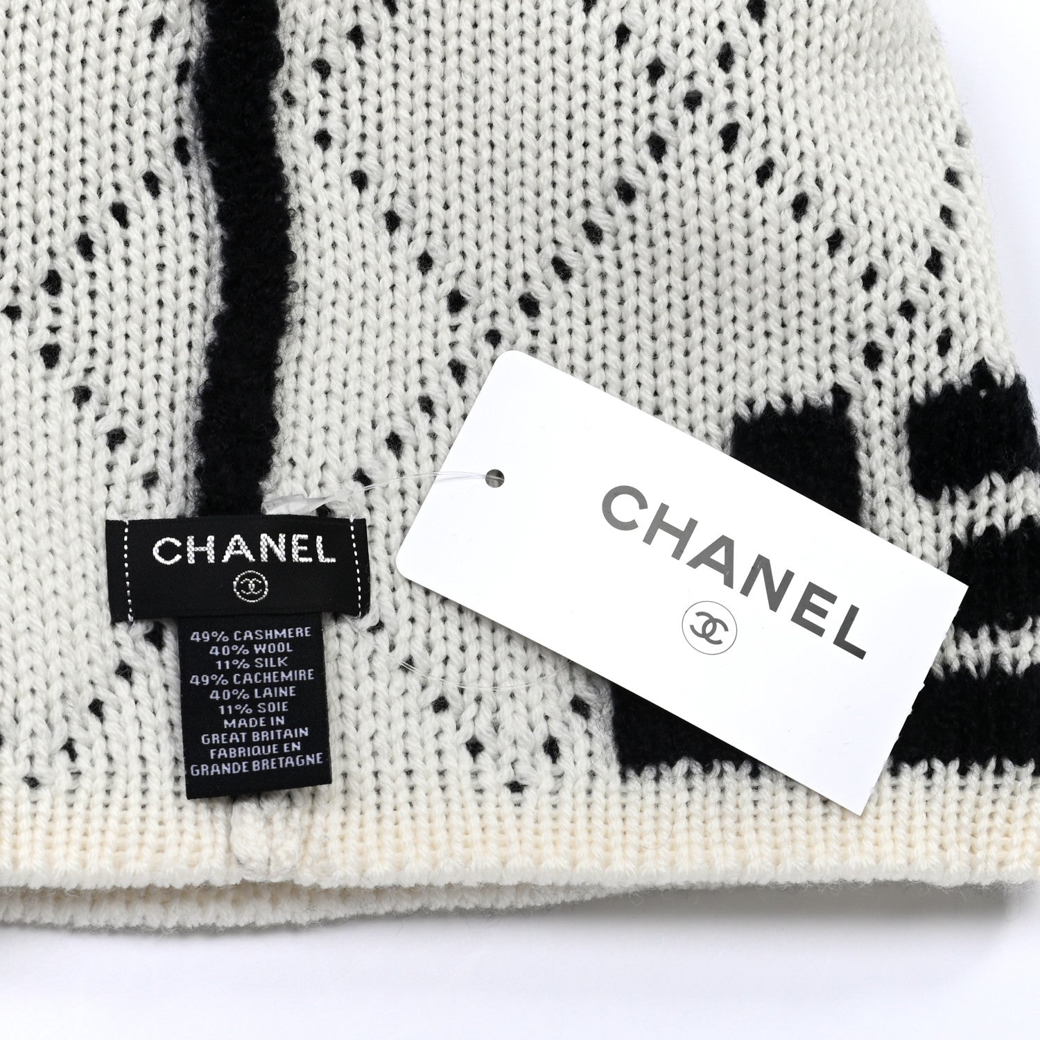 Chanel Cashmere Wool Silk Logo Beanie Hat Black White 6 of 6