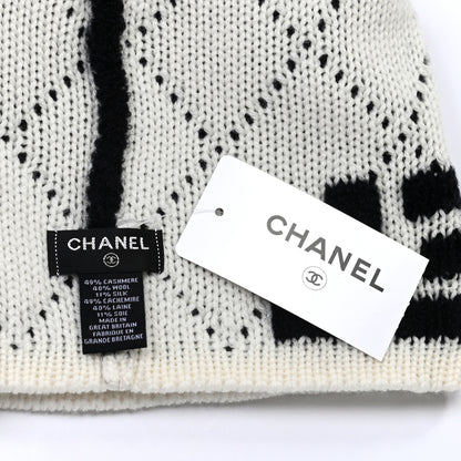 Chanel Cashmere Wool Silk Logo Beanie Hat Black White 6 of 6