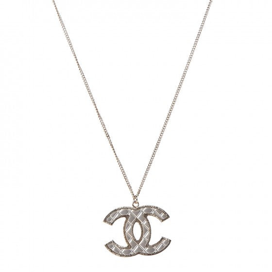 Chanel Metal Quilted CC Pendant Necklace Gold White 1 of 2