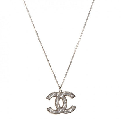 Chanel Metal Quilted CC Pendant Necklace Gold White 1 of 2