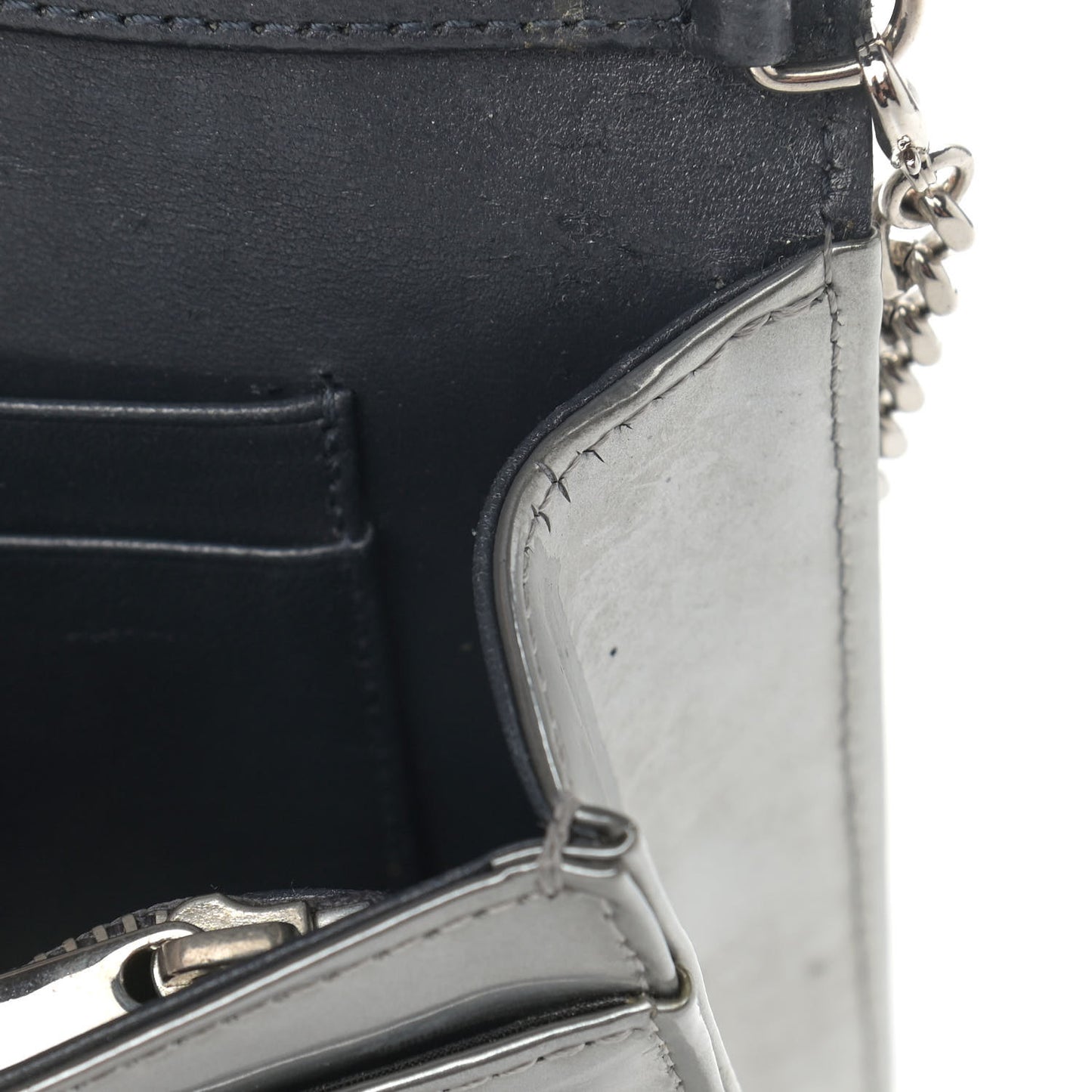 Metallic Patent Micro-Cannage Diorama Wallet on Chain Pouch Silver