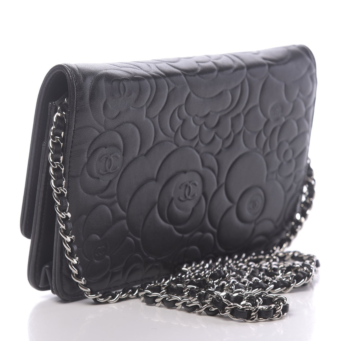 Lambskin Camellia Embossed Wallet on Chain WOC Black