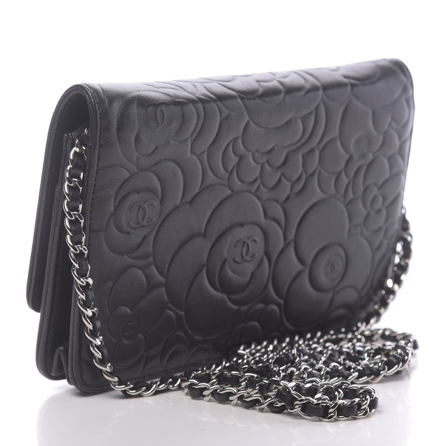 Chanel Lambskin Camellia Embossed Wallet on Chain WOC Black 3 of 13