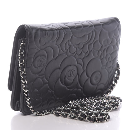 Chanel Lambskin Camellia Embossed Wallet on Chain WOC Black 3 of 13