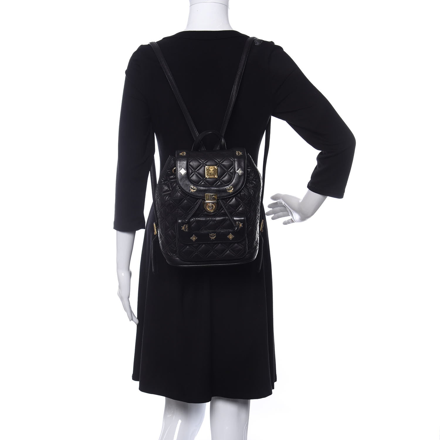 MCM Calfskin Quilted Studded Backpack Black 2 of 9