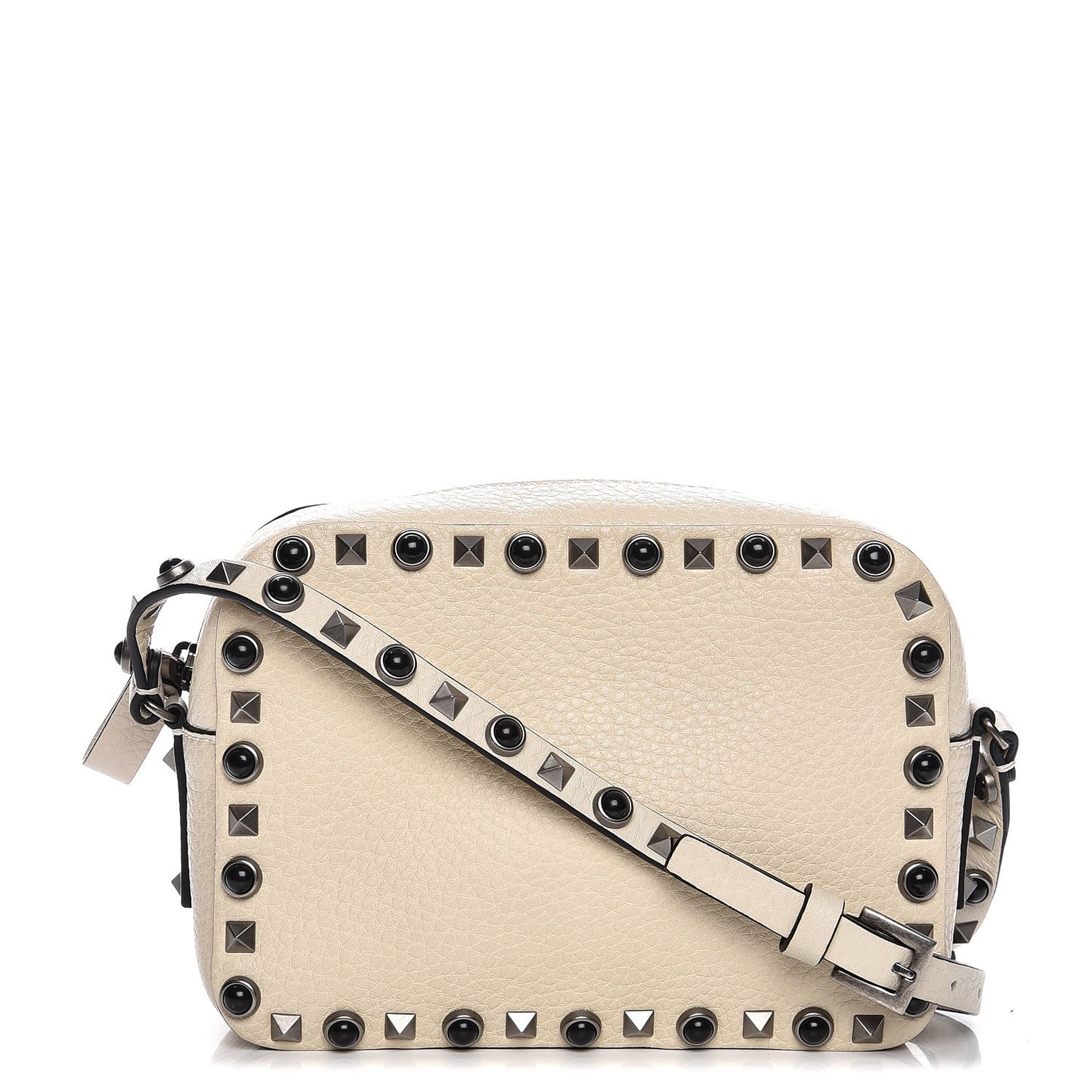 Grained Calfskin Turquoise Rockstud Rolling Camera Crossbody Bag Ivory
