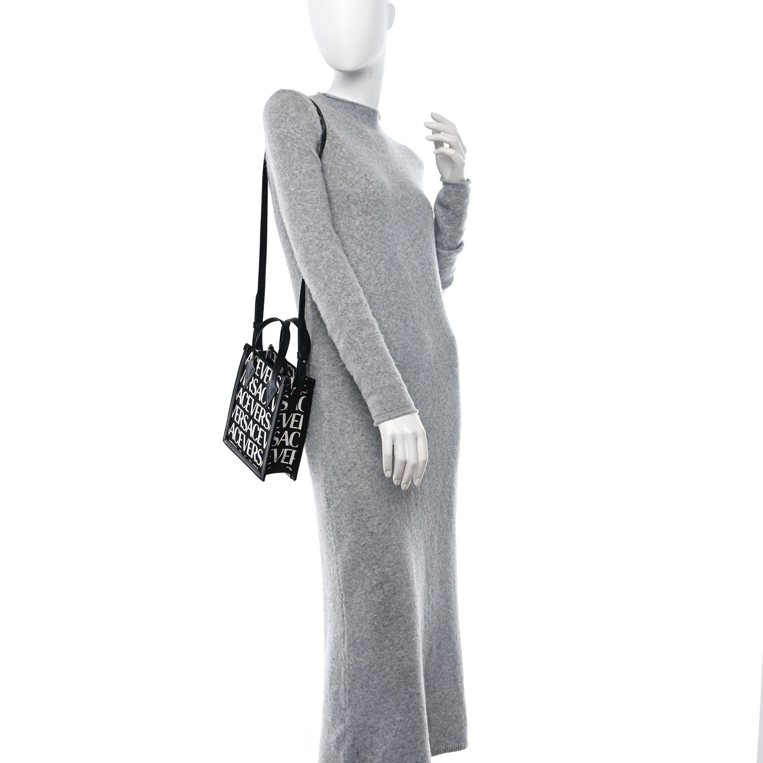 Versace Canvas Jacquard Mini Allover Logo Tote Black White 2 of 8