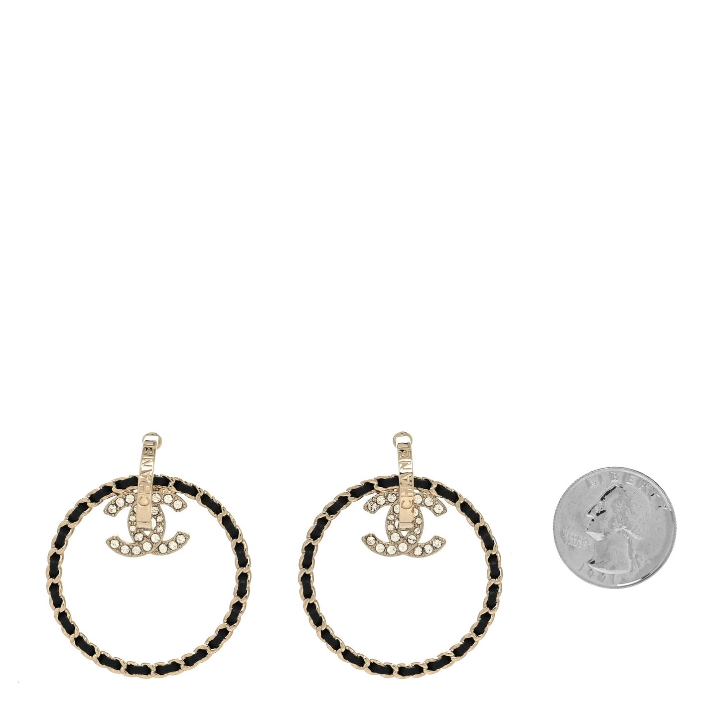 Metal Crystal Lambskin CC Chain Hoop Earrings Gold Black
