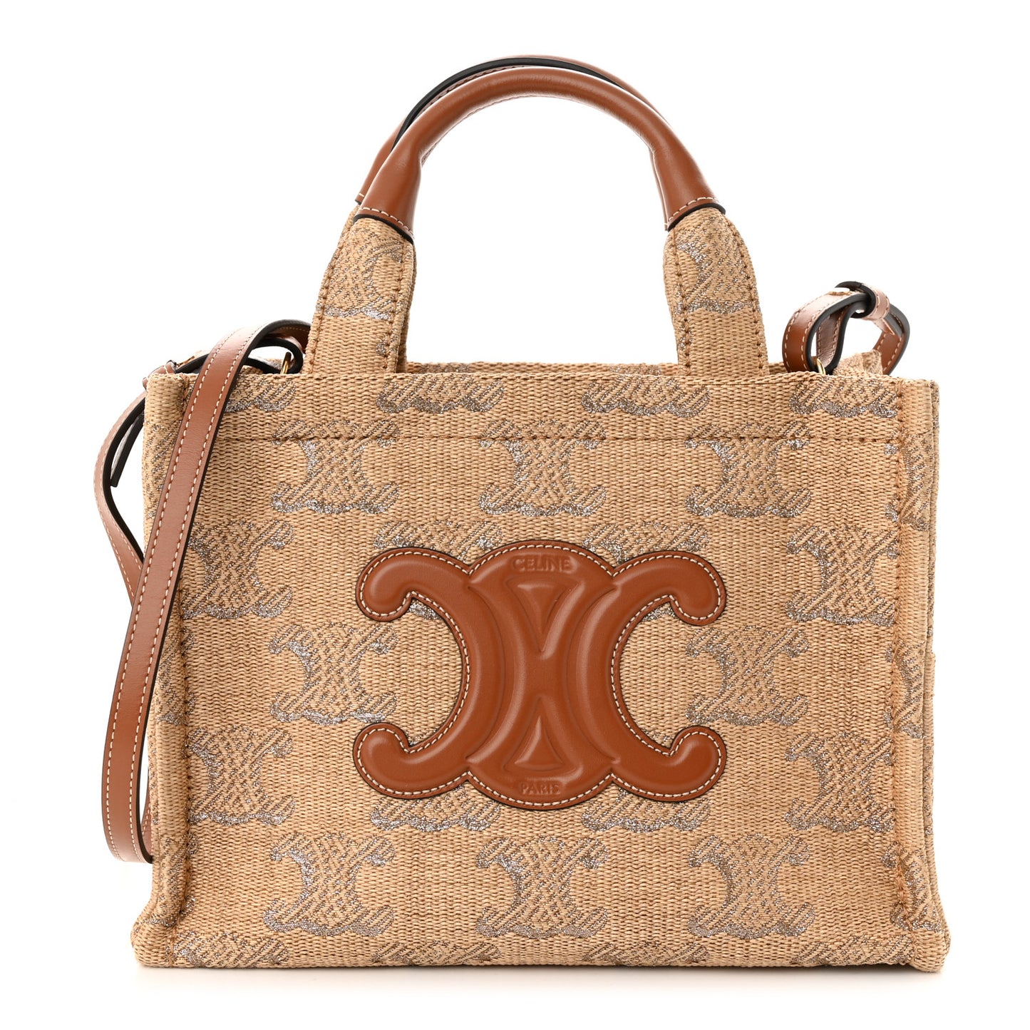 Raffia Effect Calfskin Triomphe Jacquard Small Cabas Thais Natural Black