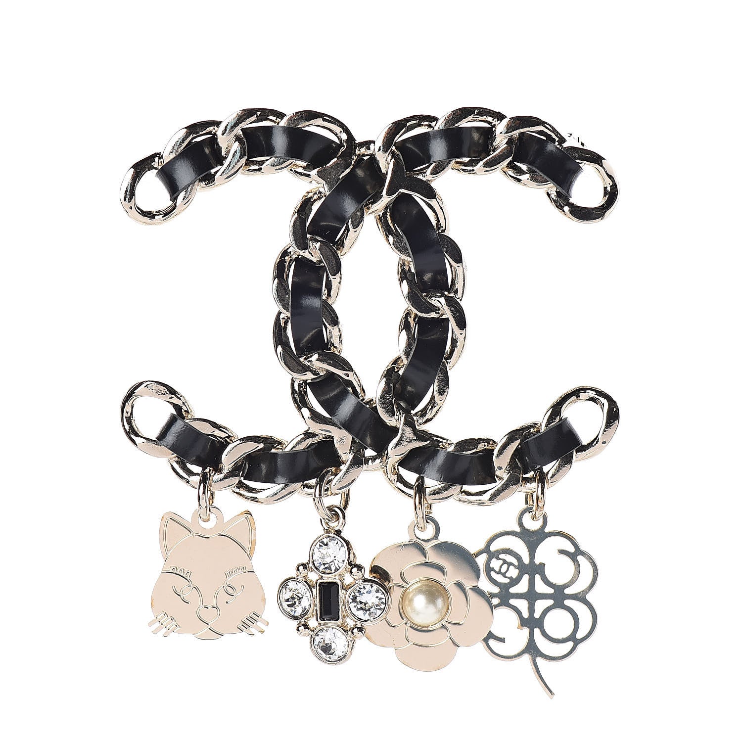 Chanel Lambskin Crystal Chain CC Charms Brooch Black Gold 1 of 4