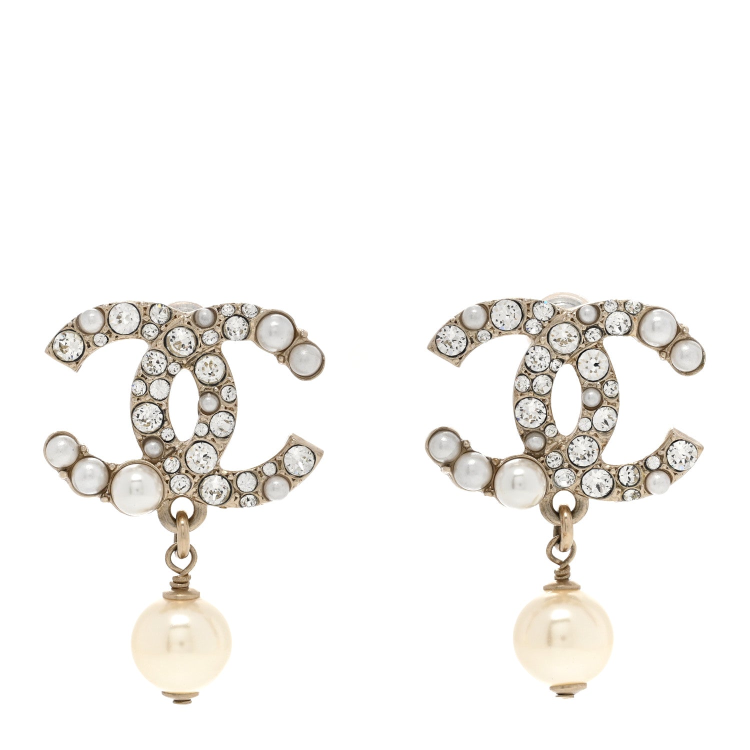 Chanel Crystal Pearl CC Drop Earrings Gold Pearly White 1 of 6